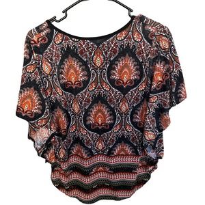 Lavish Blouse Womens Small Black Orange Batwing Paisley Office